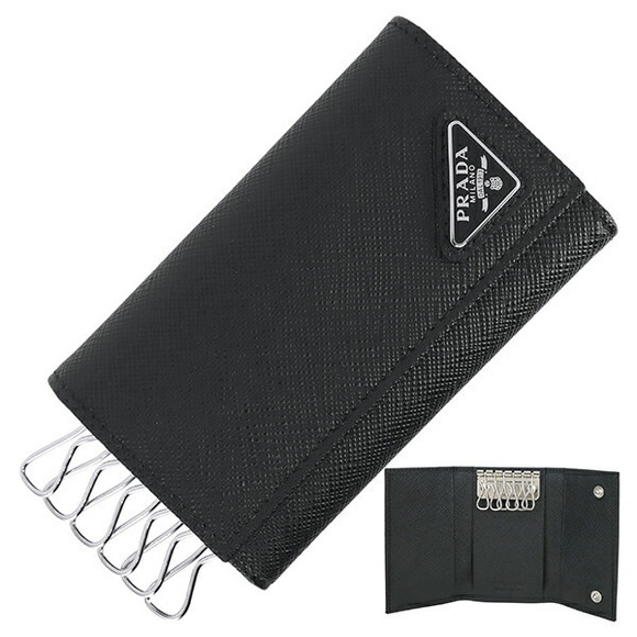 Prada Black Leather Key Saffiano Keys Ring Triangle Holds Holder Case - Picture 1 of 6